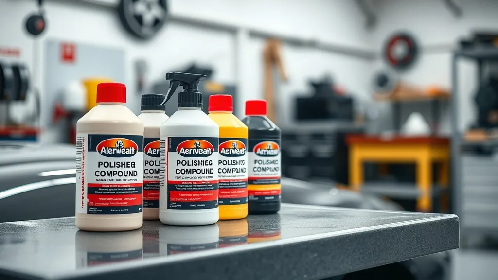 Close-up of professional car polishing compound bottles on a