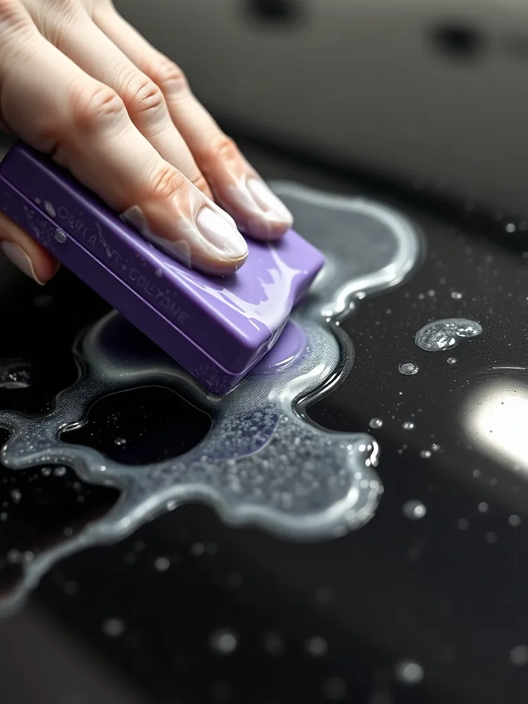 Close up of a professional detailer using a purple clay bar