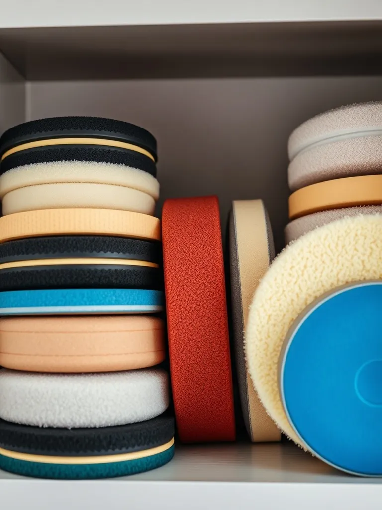 Professional car detailing buffers and pads lined up on a sh