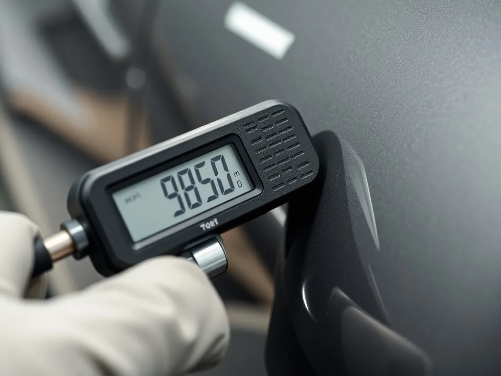 Close up of a high tech paint thickness gauge measuring a ca