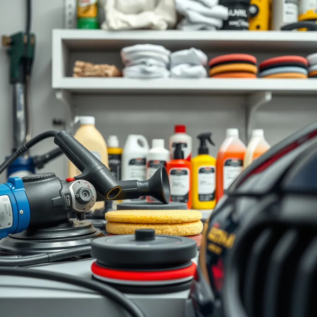 Close up of professional car detailing tools, polisher machi