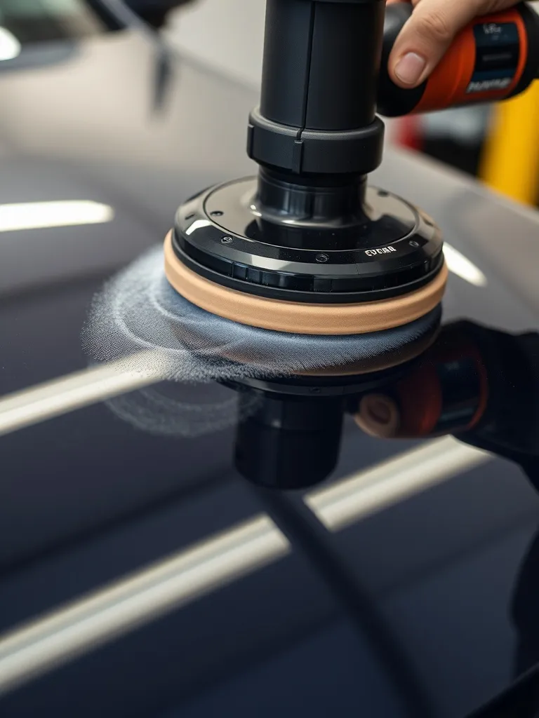 Close up of a professional dual action polisher on a car hoo