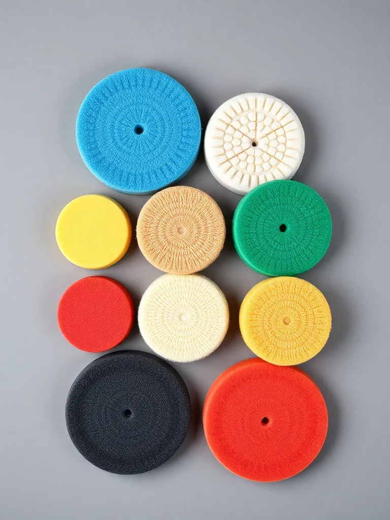 A collection of different colored foam and wool polishing pa