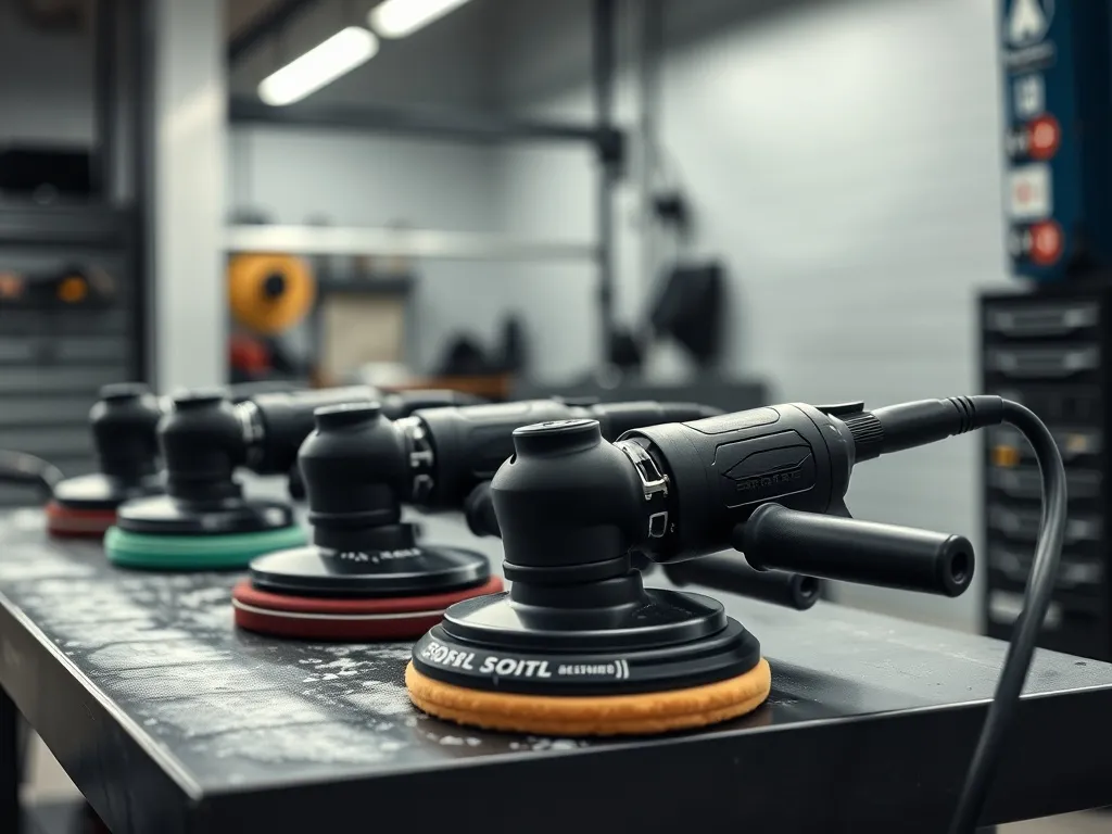 Close-up of professional car polishing machines and pads on